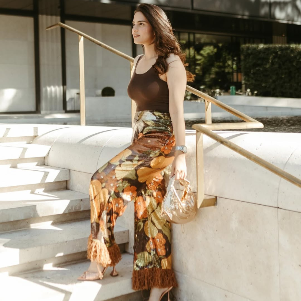 Chandini Nayar makes a statement with Celia B pants and Gedebe Bag