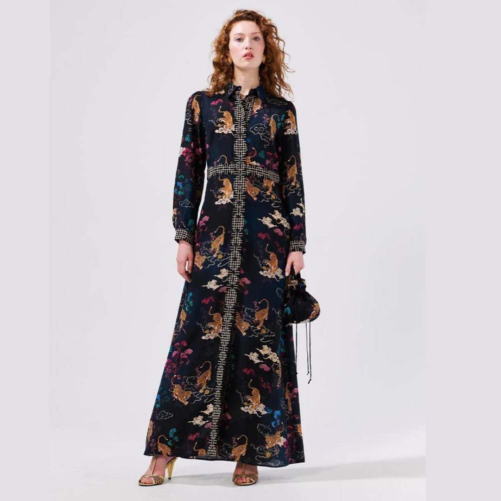 Long Sleeve Silk Maxi Shirt Dress - Courageous Tiger Black
