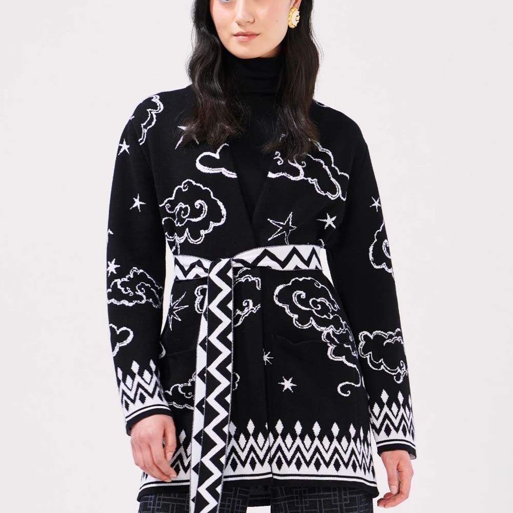 Cotton Jacquard Cardigan - Lucky Clouds Black