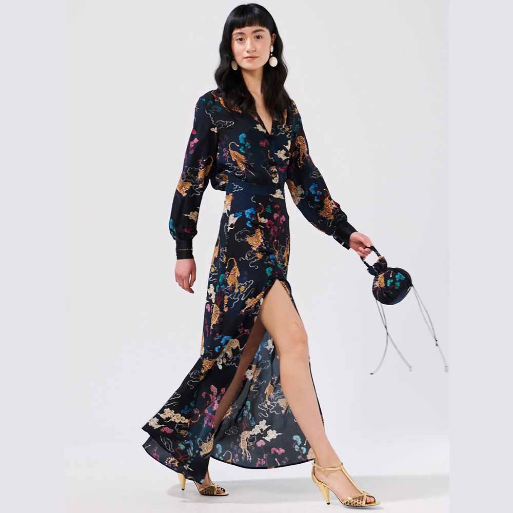 Side Split Silk Maxi Skirt - Courageous Tiger Black