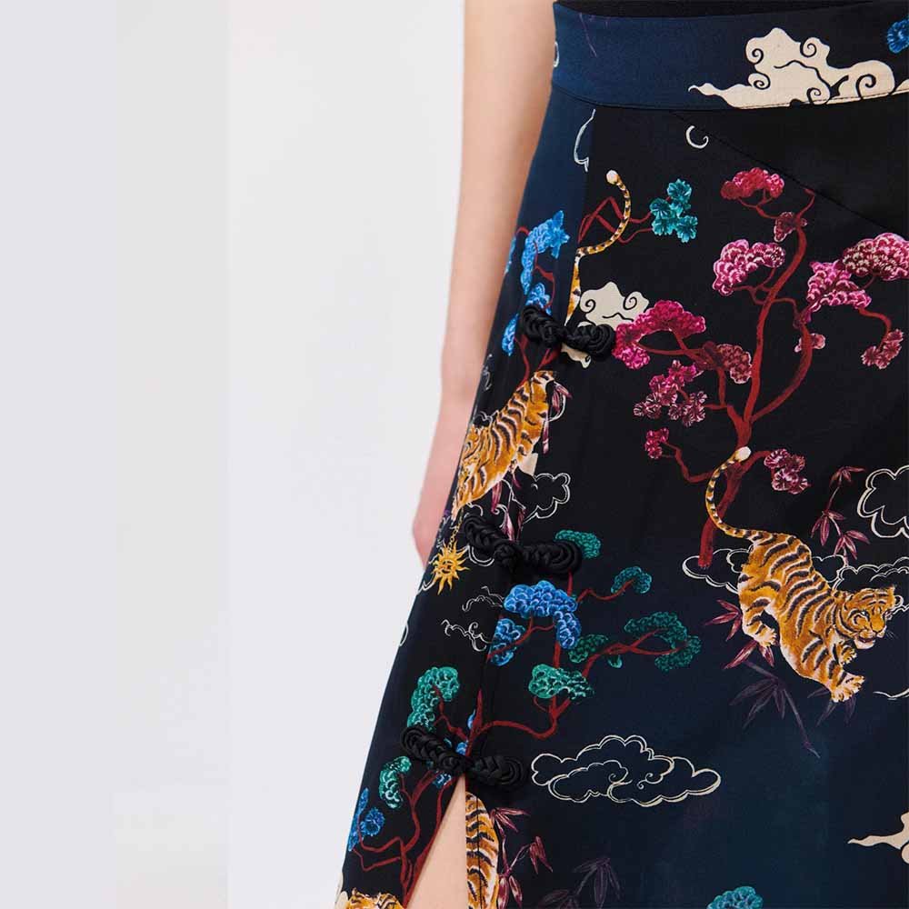Side Split Silk Maxi Skirt - Courageous Tiger Black