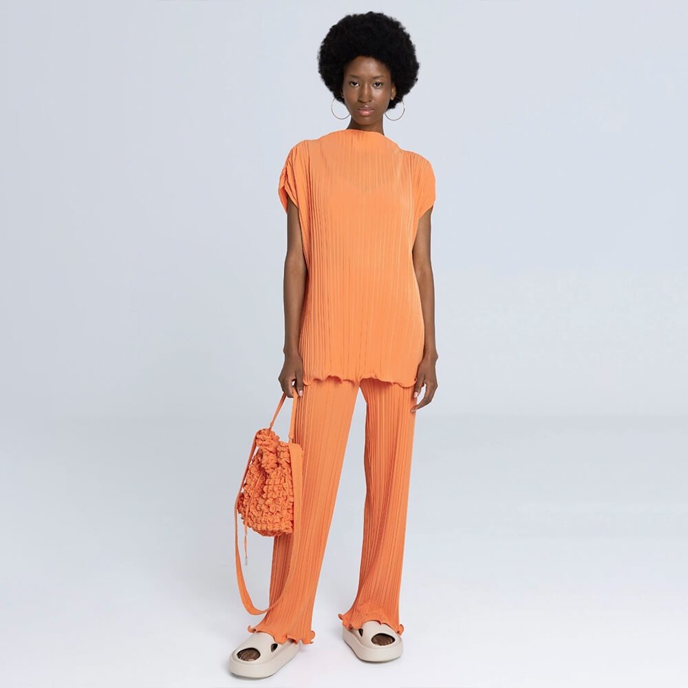 Pleated Straight Leg Trousers - Orange