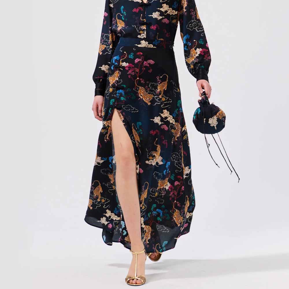 Side Split Silk Maxi Skirt - Courageous Tiger Black