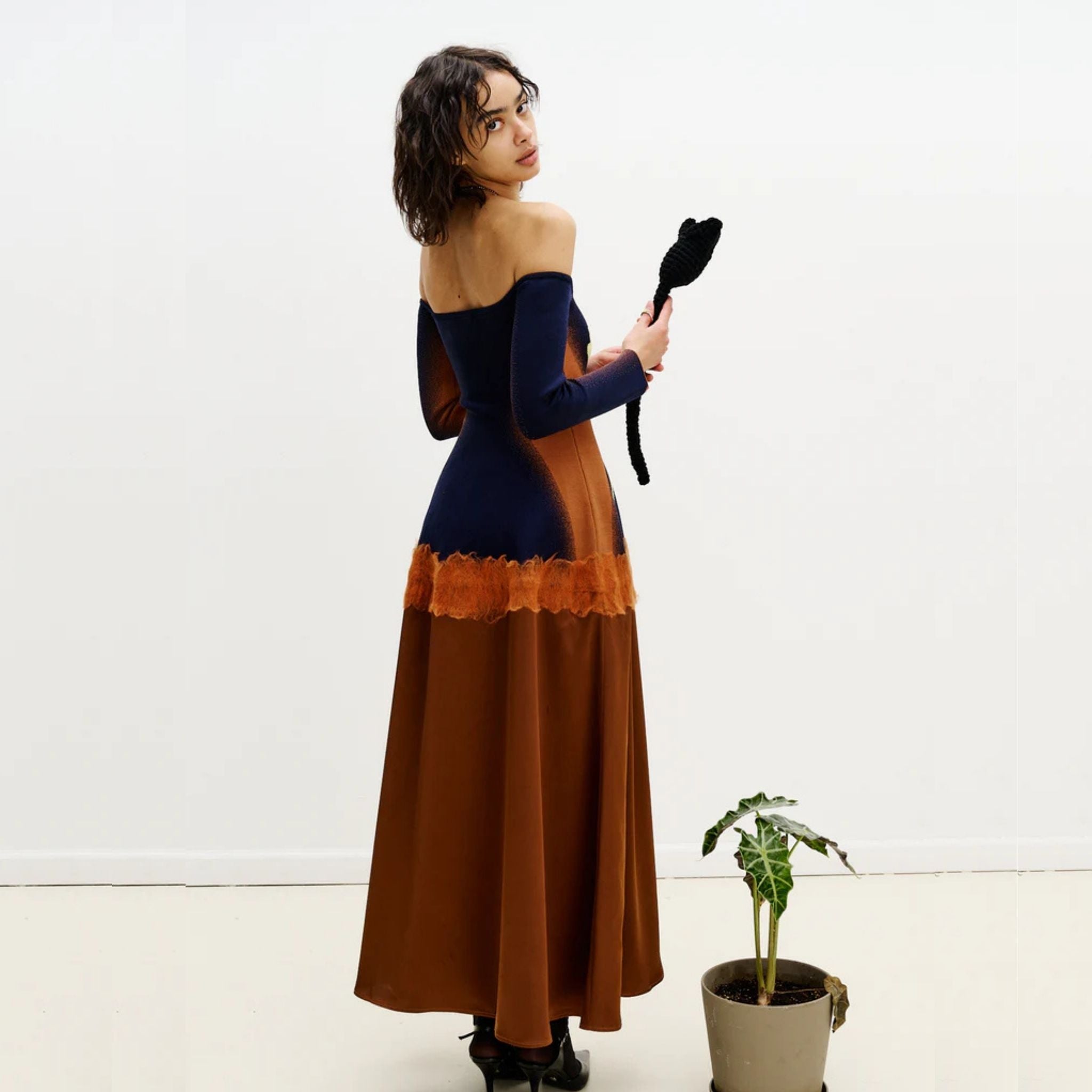 Brioni Needle Punch Maxi Dress- Brown & Navy