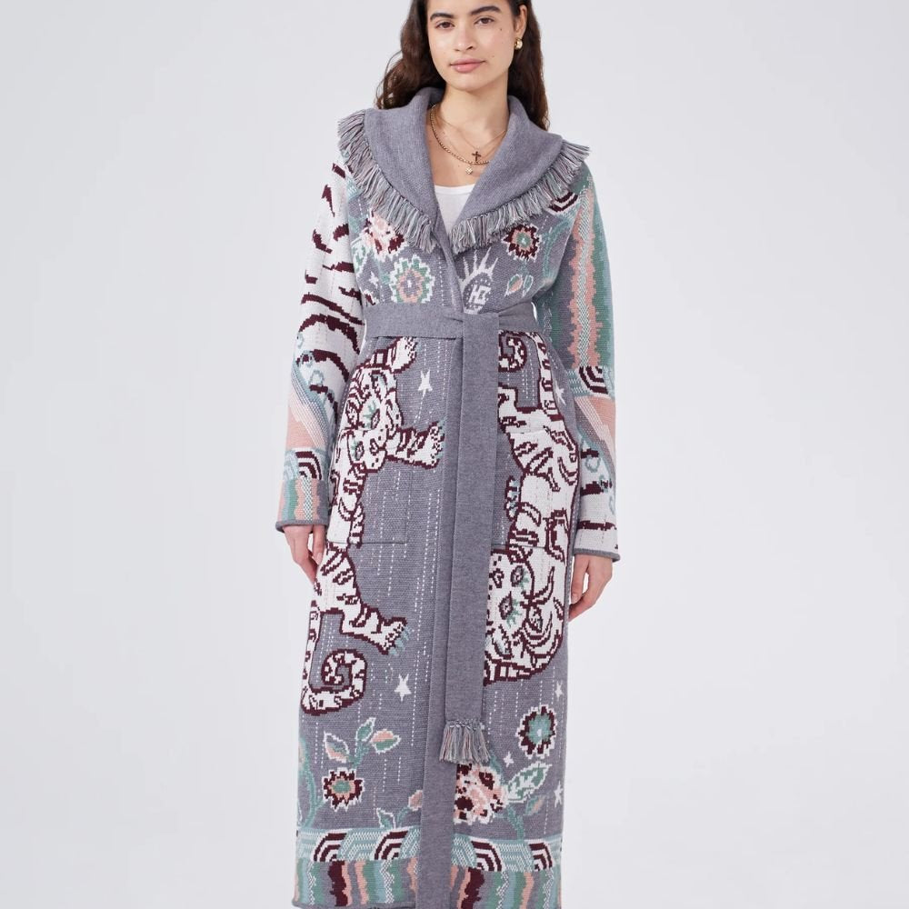 Merino Jacquard Long Cardigan Tibetan Tiger - Grey