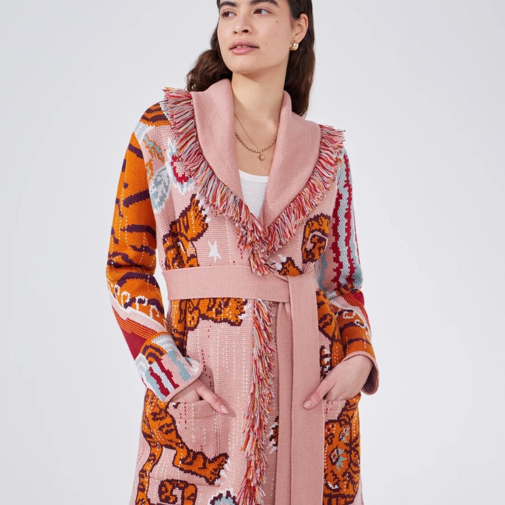 Merino Jacquard Short Cardigan Tibetan Tiger - Pink