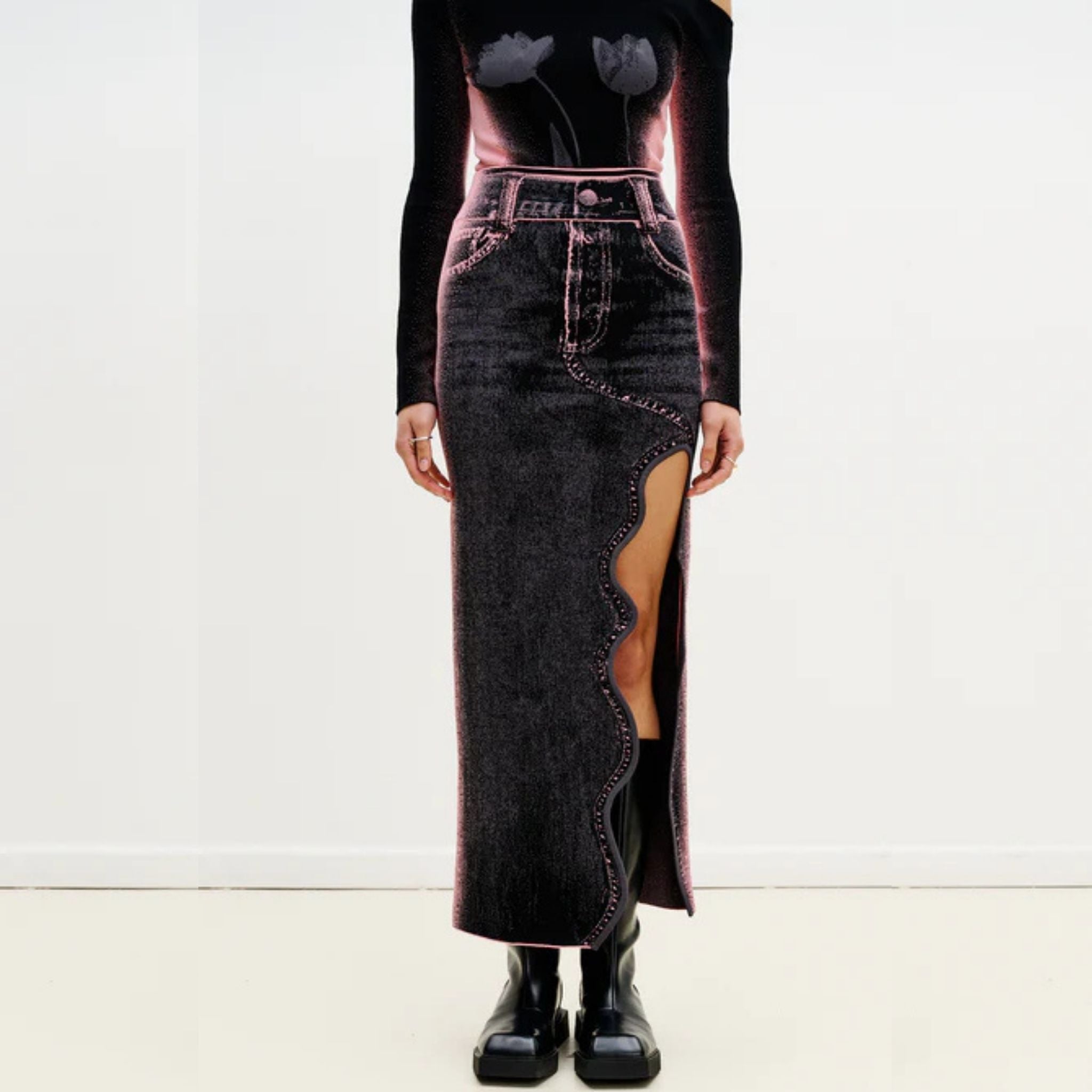 Lily Wavy Midi Denim Skirt - Pink Buff