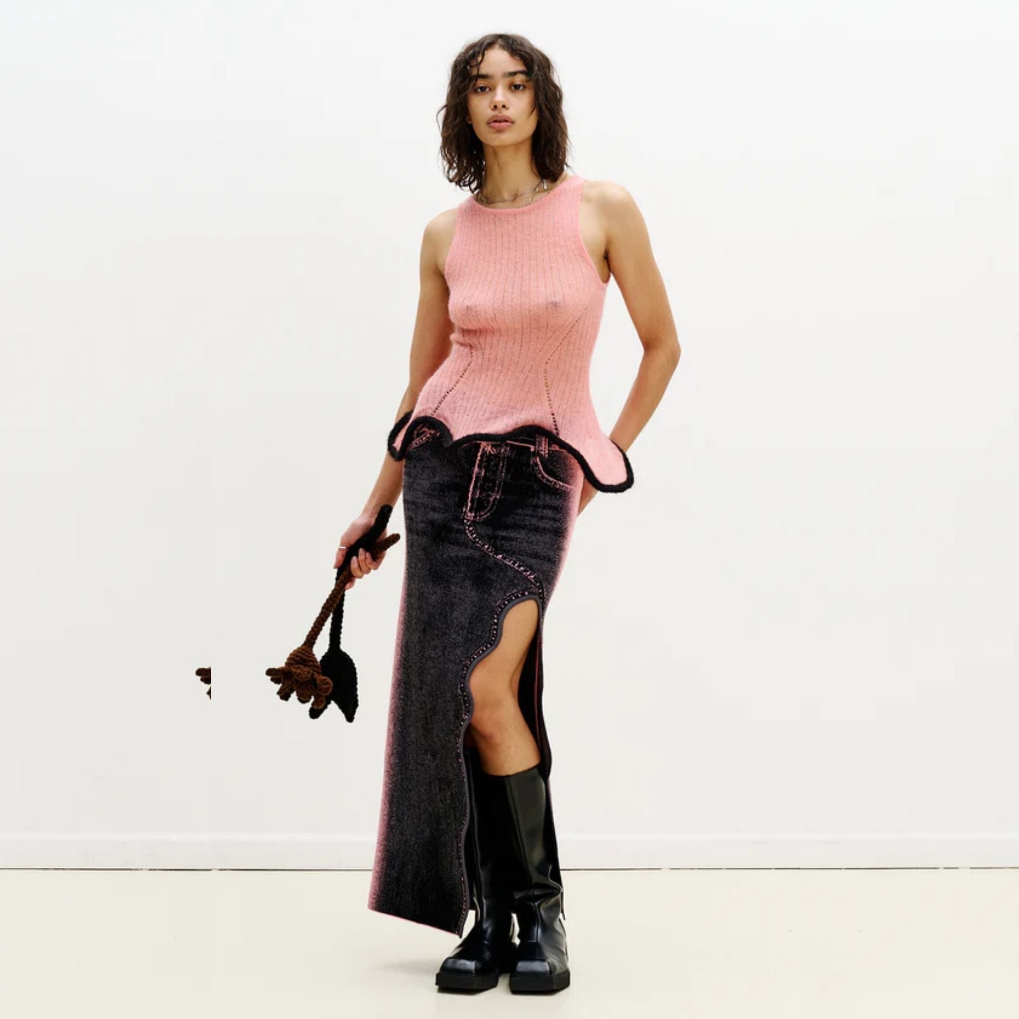 Lily Wavy Midi Denim Skirt - Pink Buff