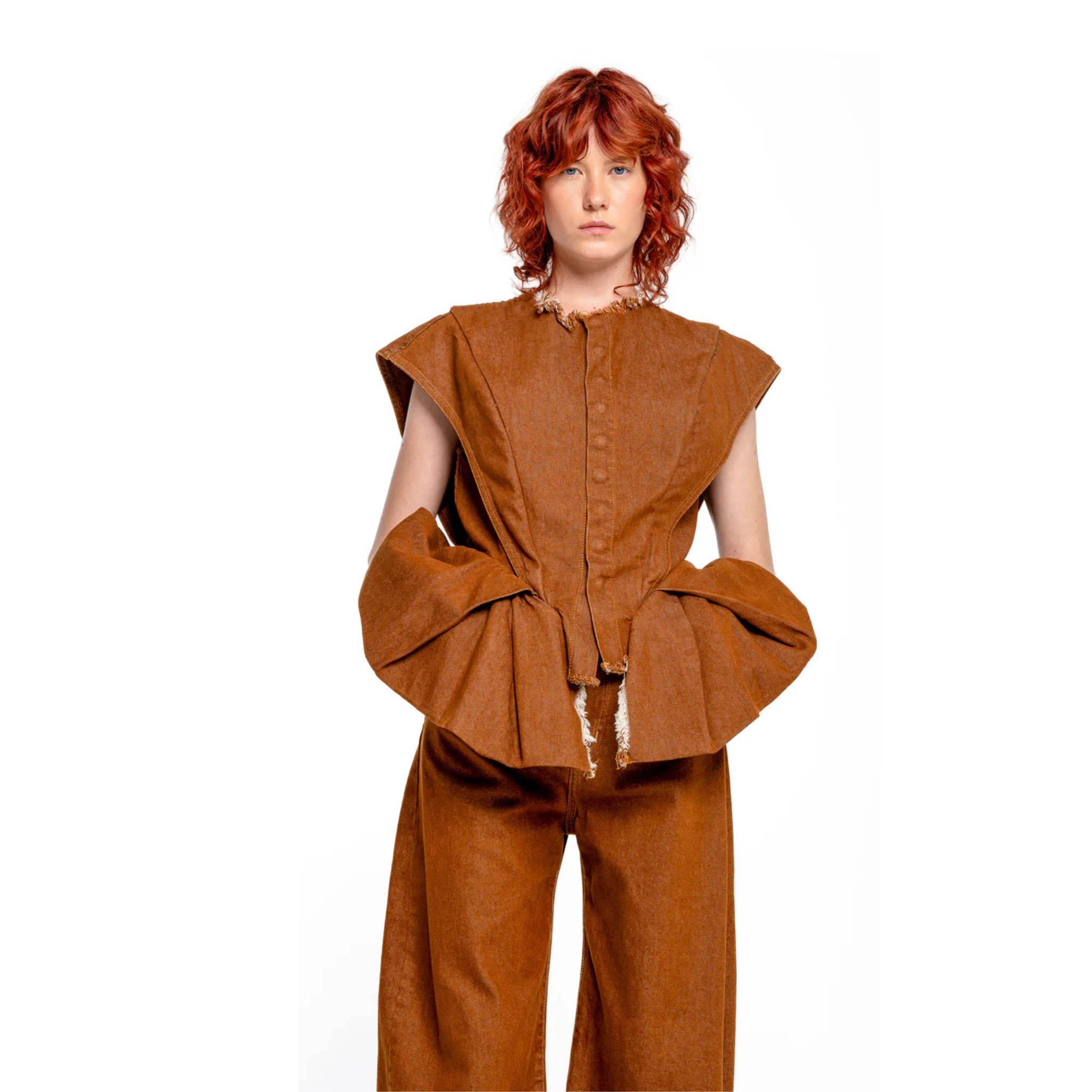 Brown Denim Structure Shoulder Cinched Top