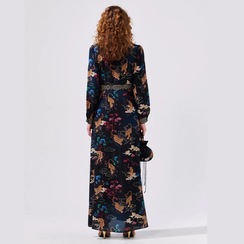 Long Sleeve Silk Maxi Shirt Dress - Courageous Tiger Black