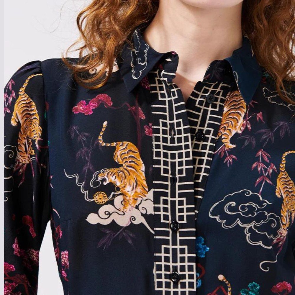 Long Sleeve Silk Maxi Shirt Dress - Courageous Tiger Black