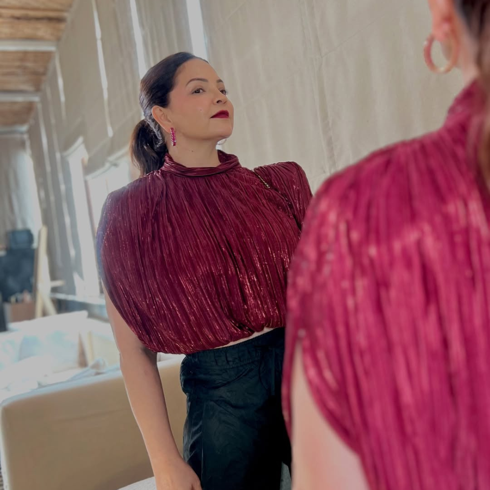 Deanne Panday styled Sabina Musayev top with Essentiel Antwerp pants