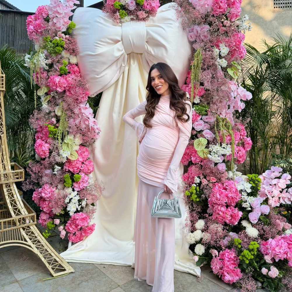 Maia Sethna styled Mlouye bag at her baby shower