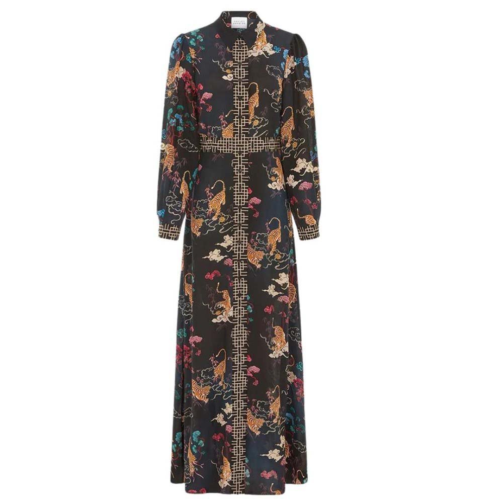 Long Sleeve Silk Maxi Shirt Dress - Courageous Tiger Black