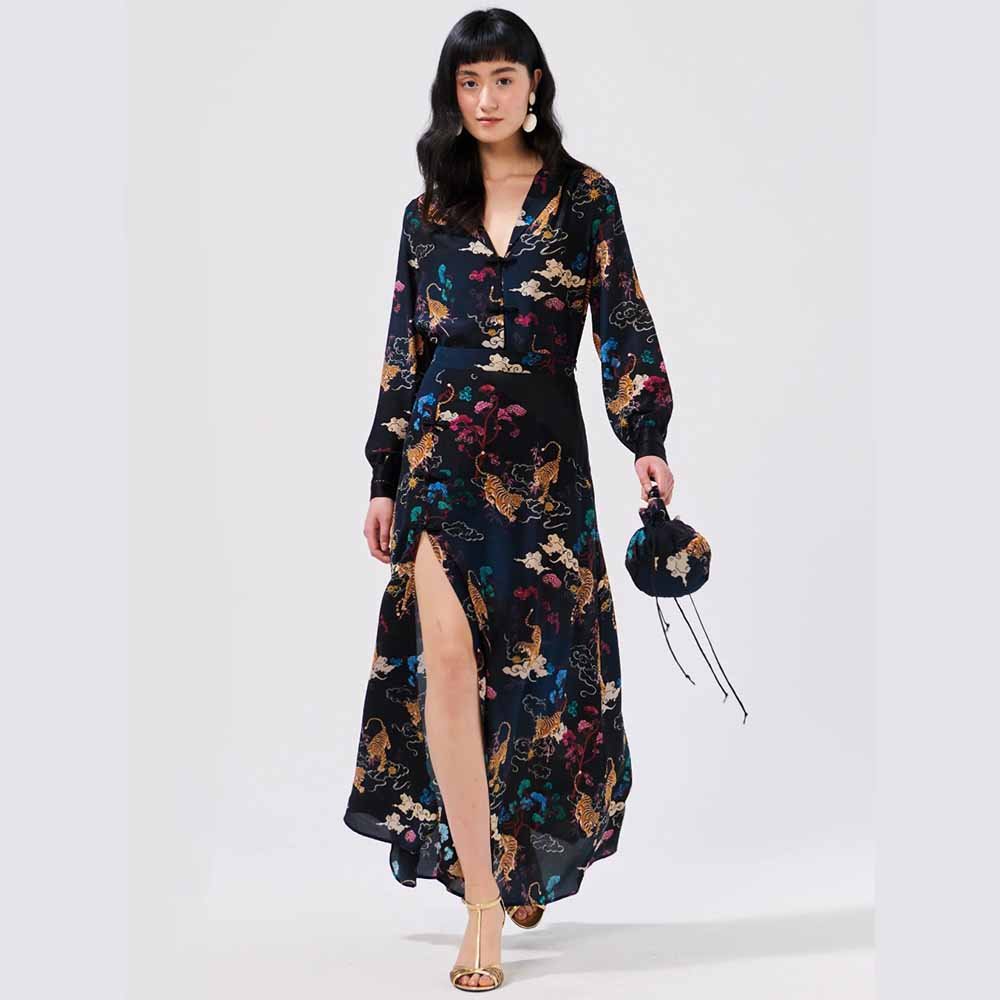 Side Split Silk Maxi Skirt - Courageous Tiger Black