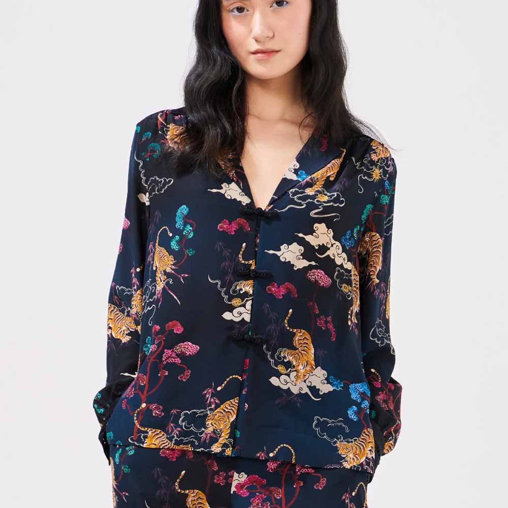 Pyjama Silk Blouse - Courageous Tiger Black