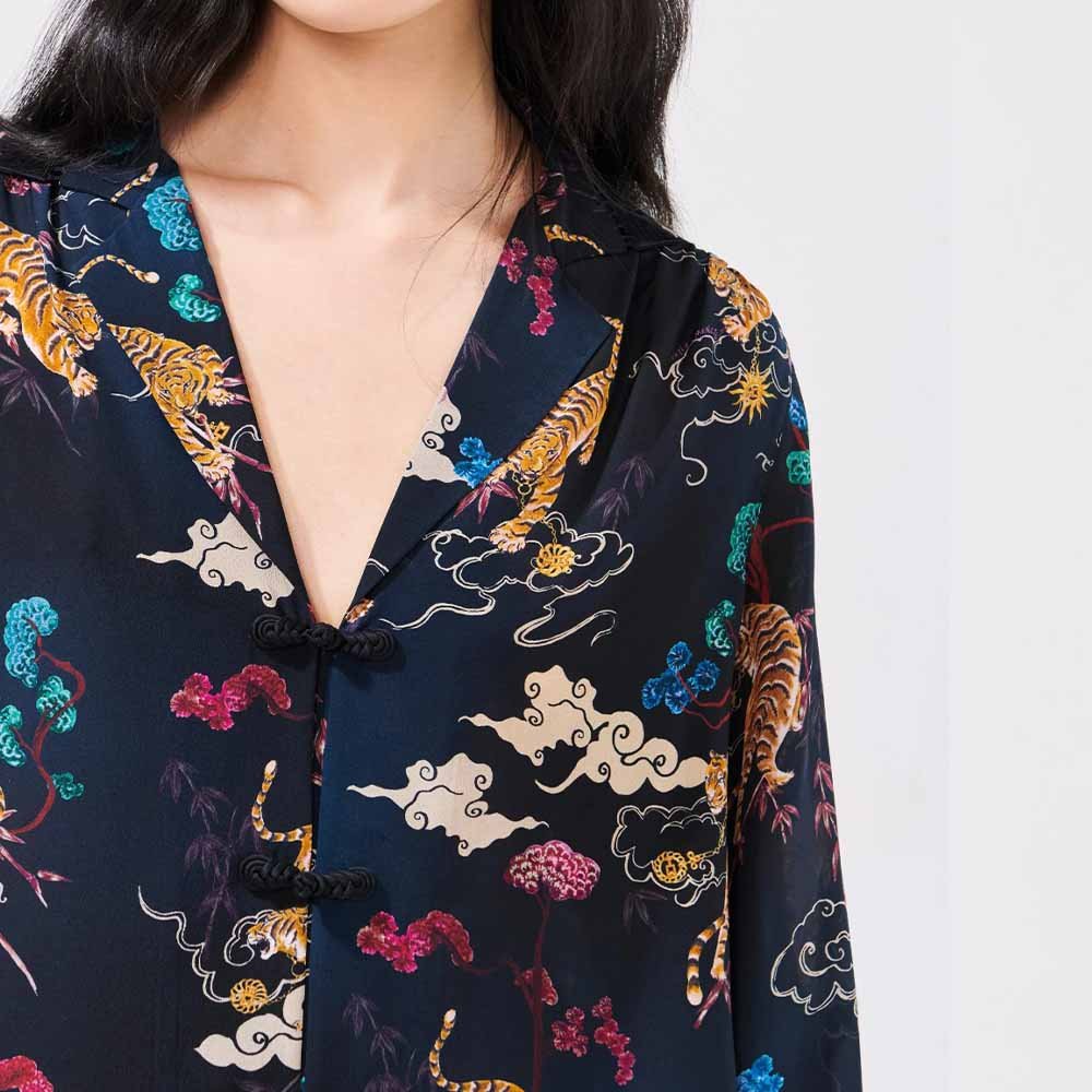 Pyjama Silk Blouse - Courageous Tiger Black