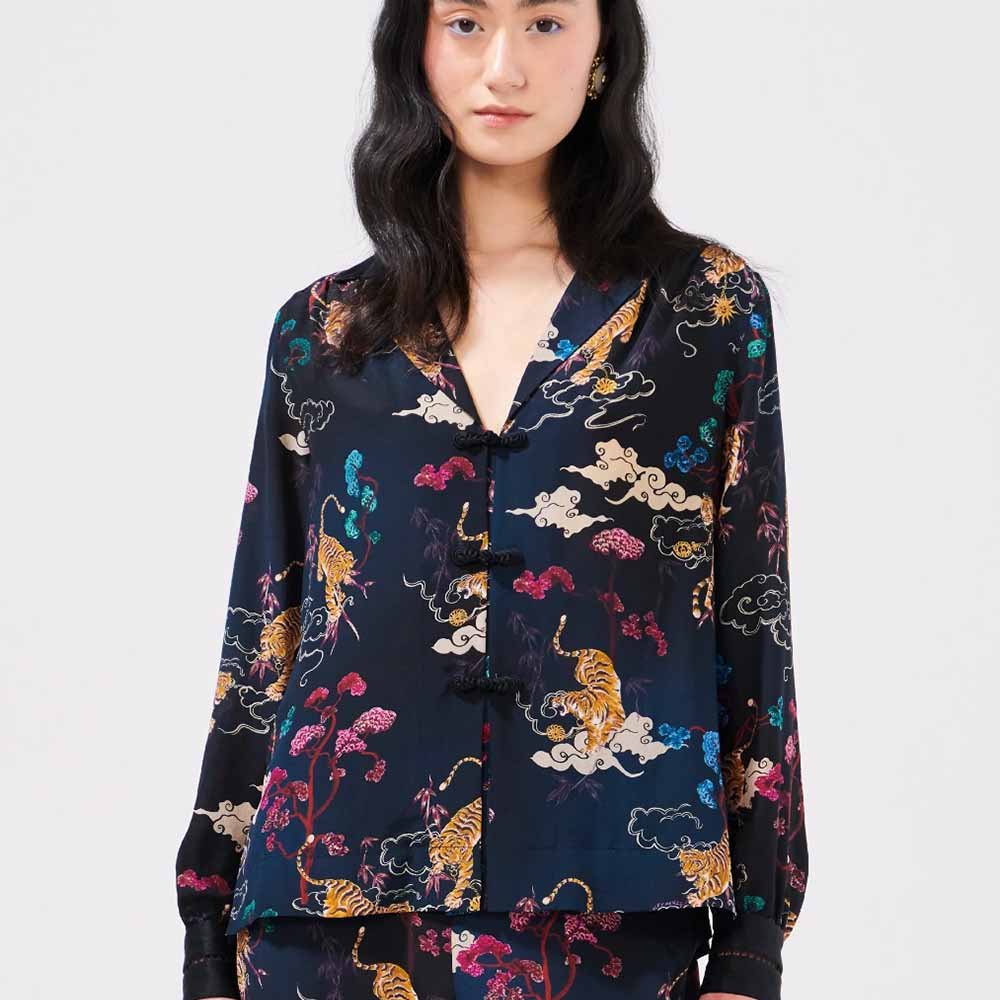 Pyjama Silk Blouse - Courageous Tiger Black