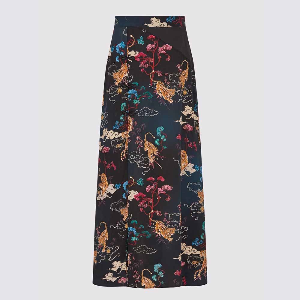 Side Split Silk Maxi Skirt - Courageous Tiger Black