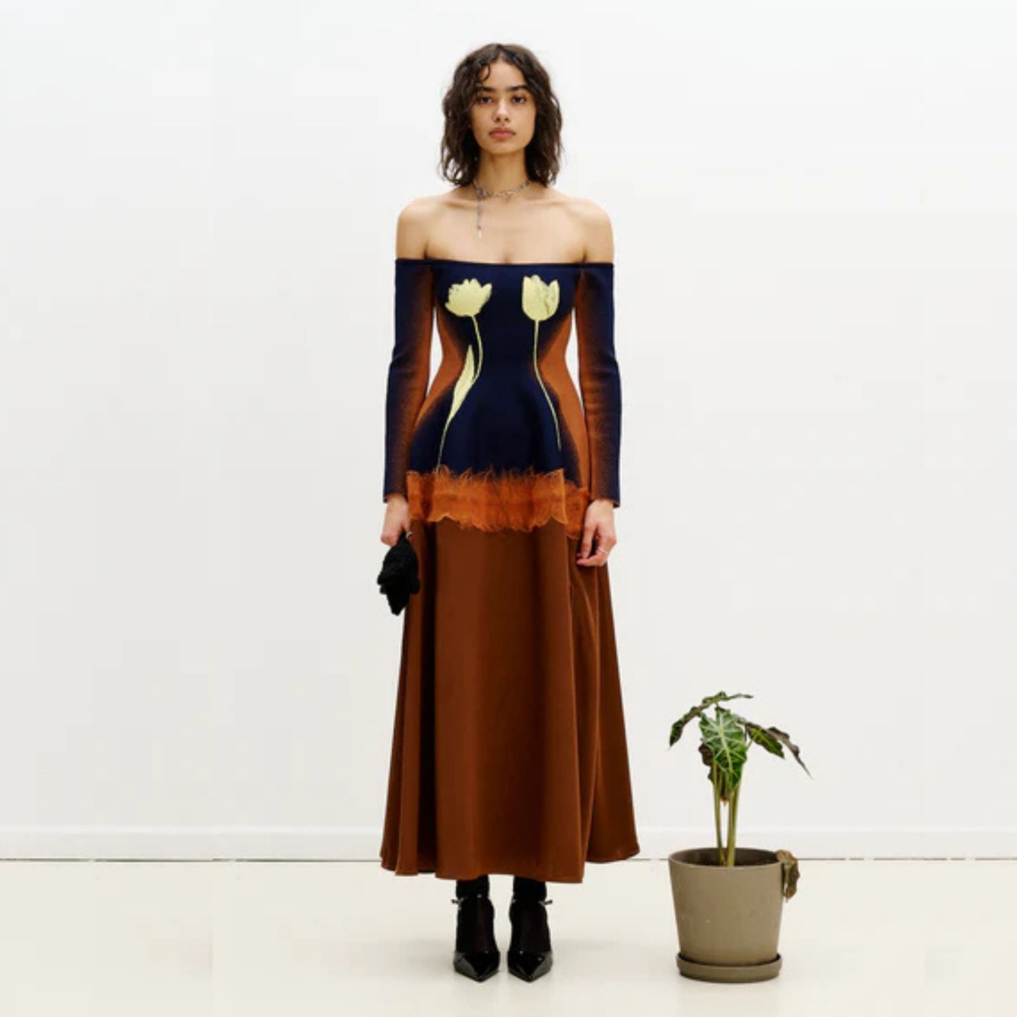 Brioni Needle Punch Maxi Dress- Brown & Navy