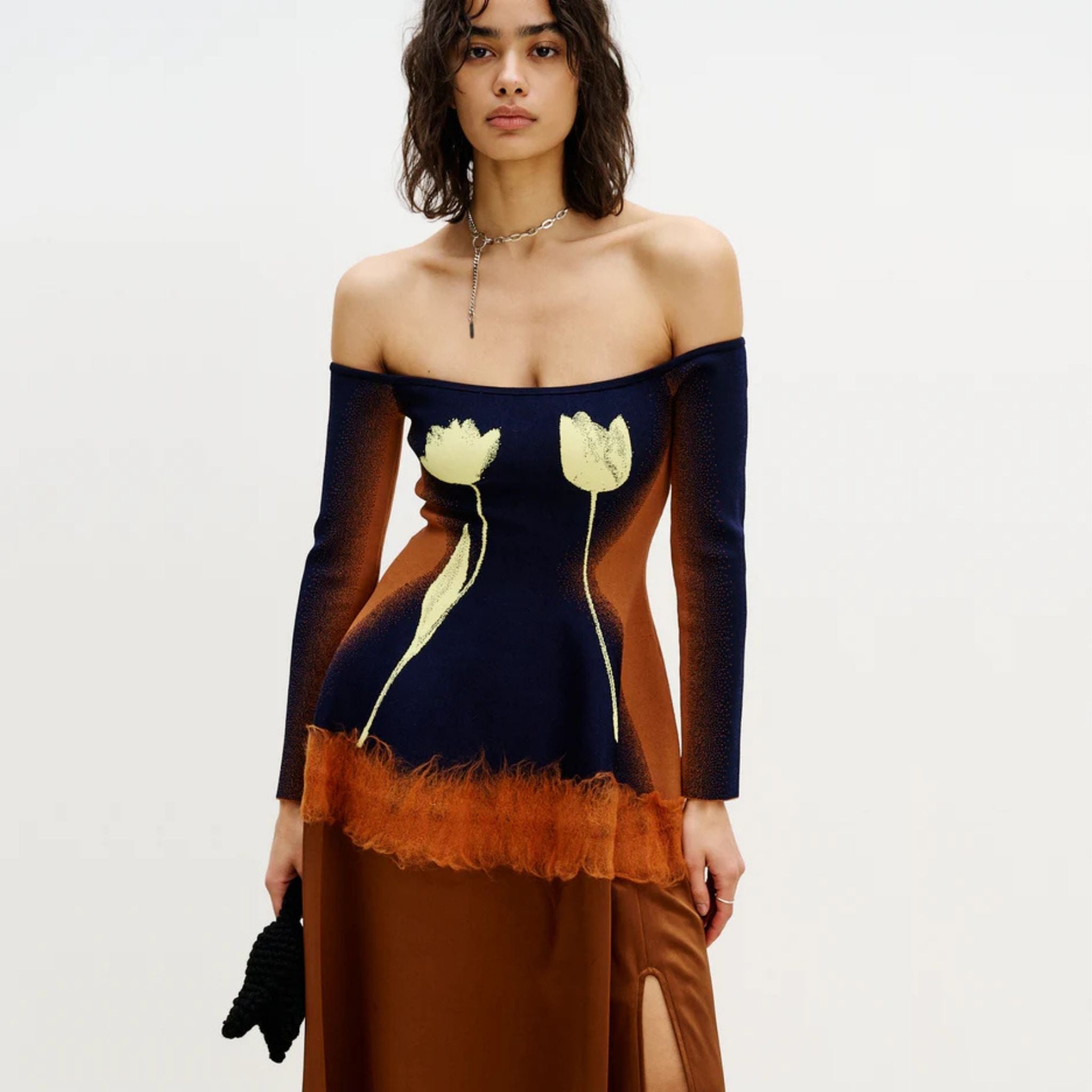 Brioni Needle Punch Maxi Dress- Brown & Navy