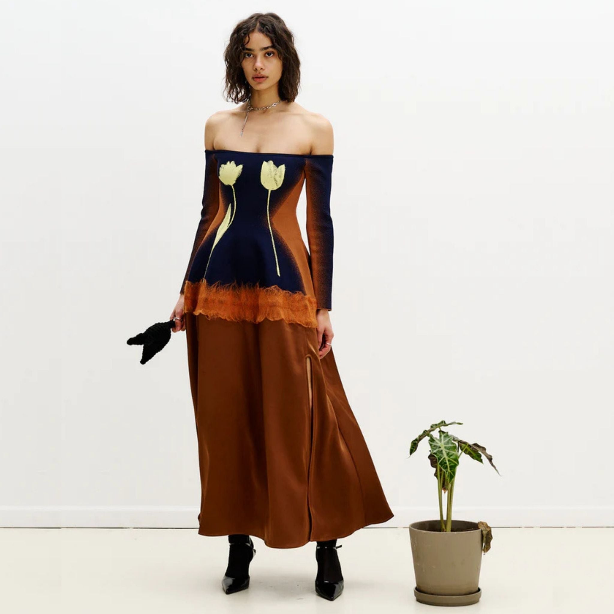 Brioni Needle Punch Maxi Dress- Brown & Navy