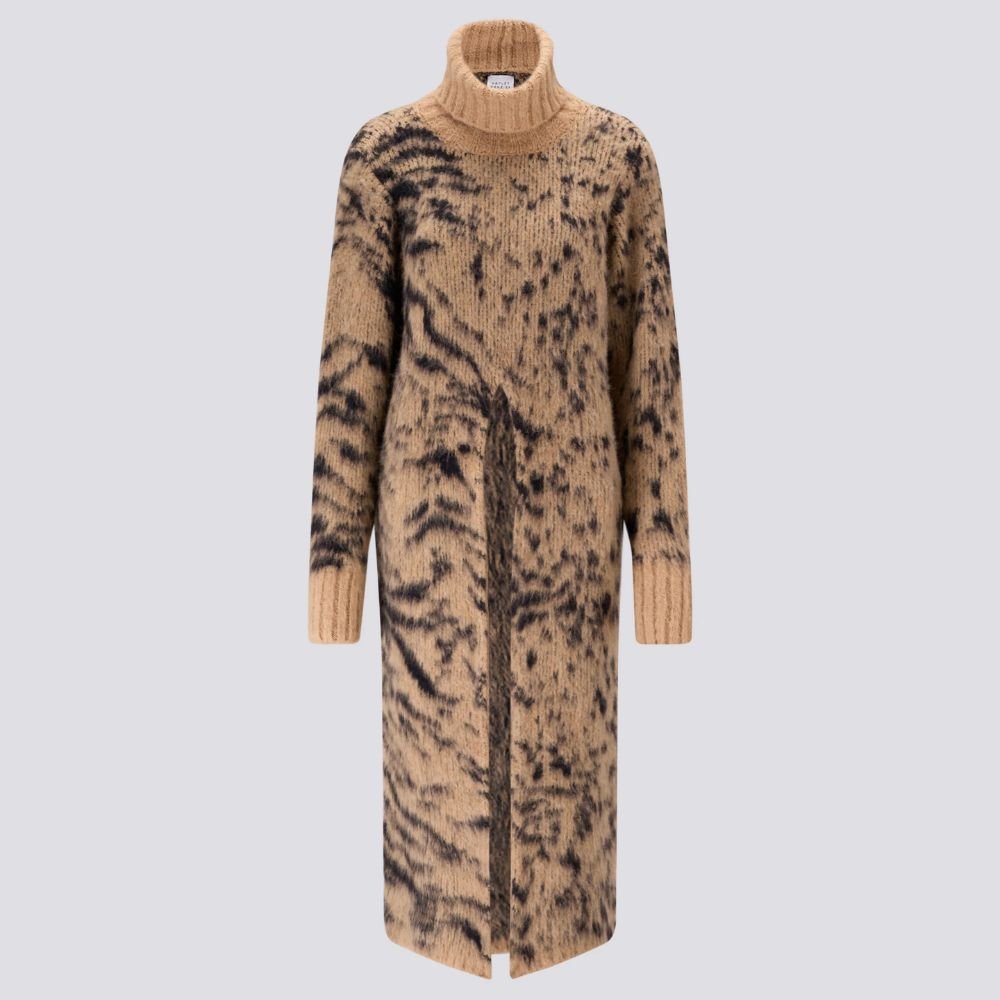 Alpaca Jacquard Long Split Jumper Big Meow Camel & Navy