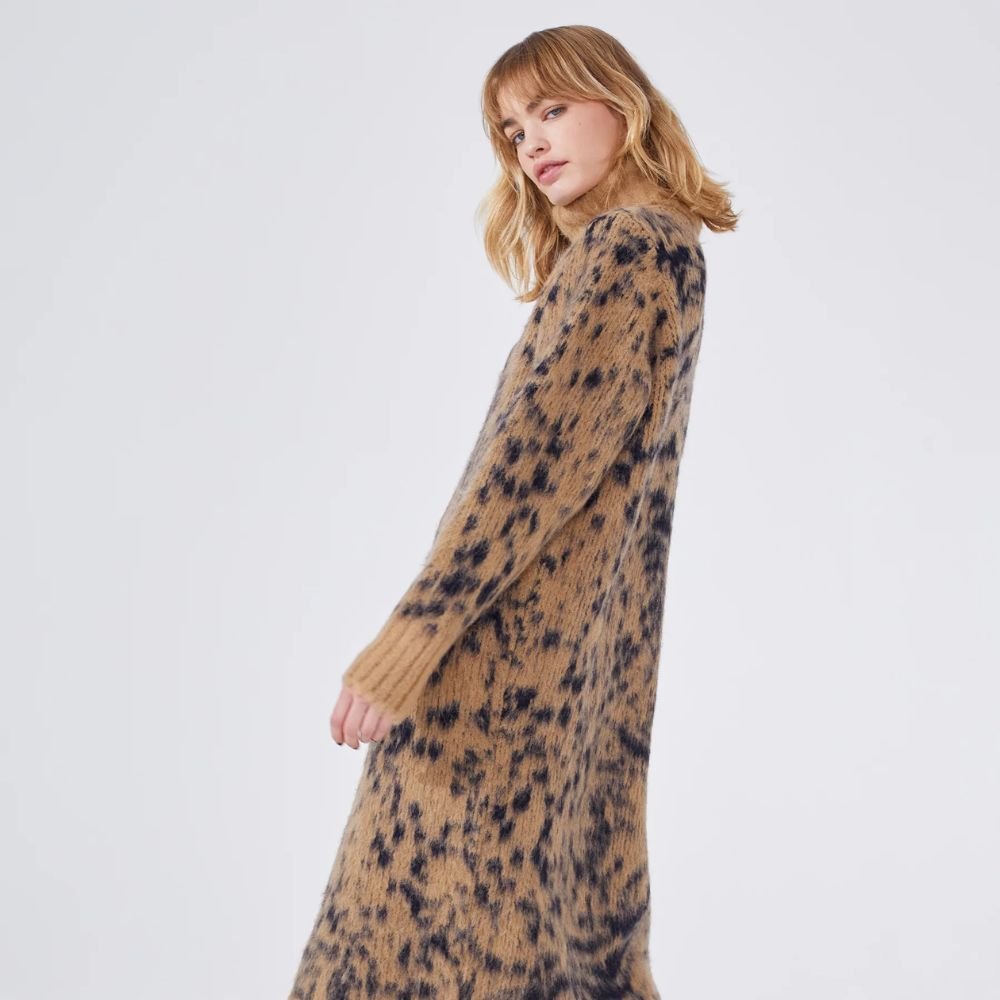Alpaca Jacquard Long Split Jumper Big Meow Camel & Navy