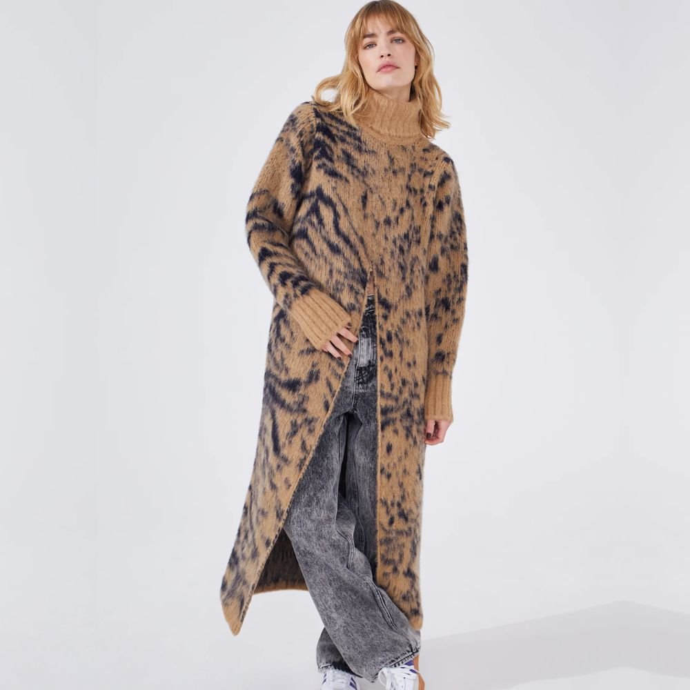 Alpaca Jacquard Long Split Jumper Big Meow Camel & Navy