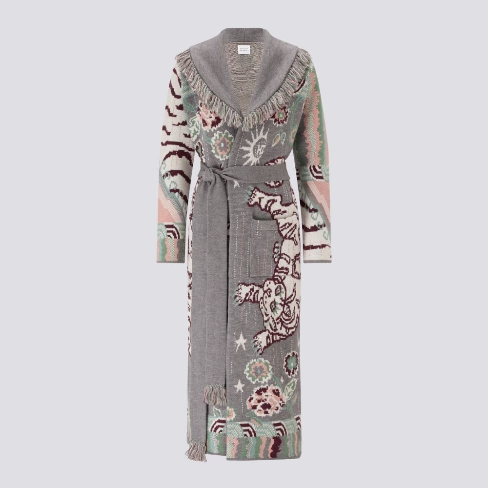 Merino Jacquard Long Cardigan Tibetan Tiger - Grey