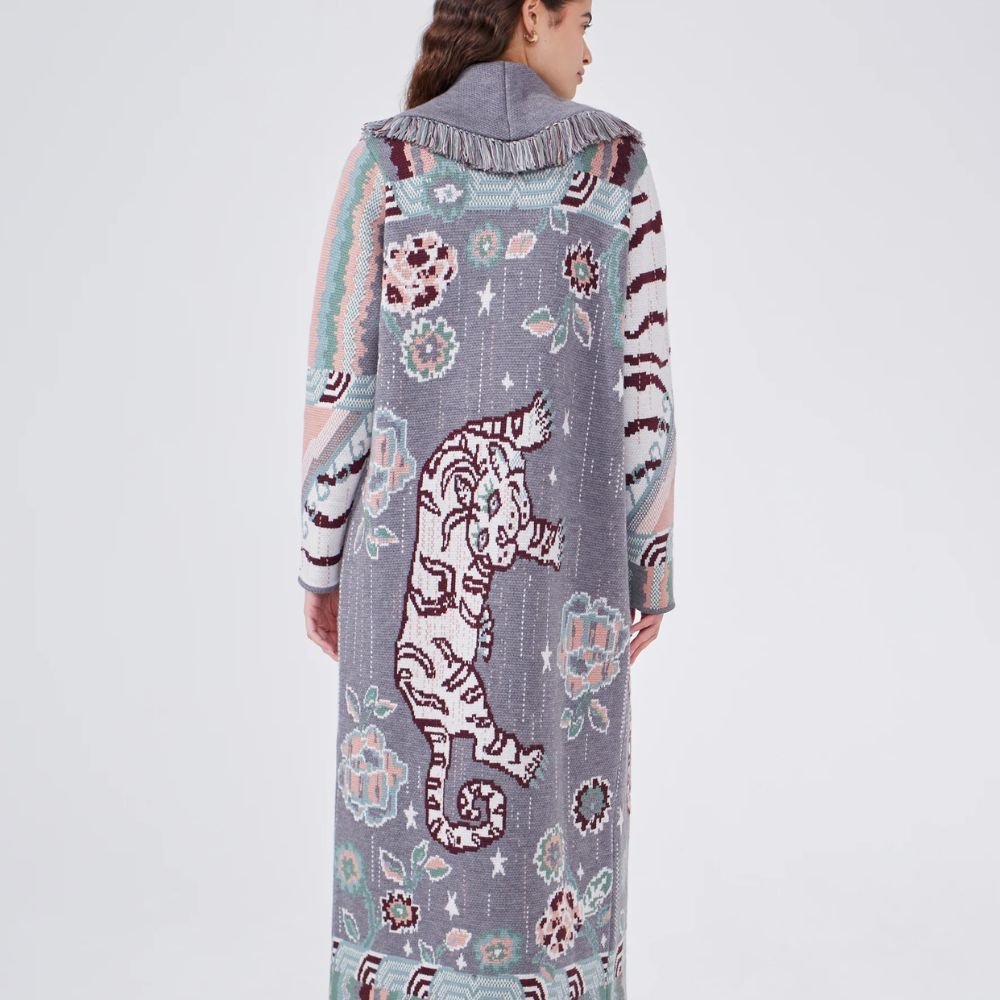 Merino Jacquard Long Cardigan Tibetan Tiger - Grey