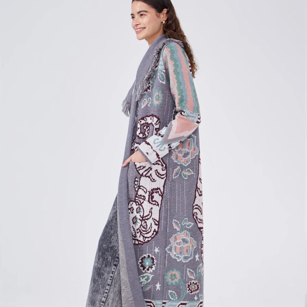 Merino Jacquard Long Cardigan Tibetan Tiger - Grey