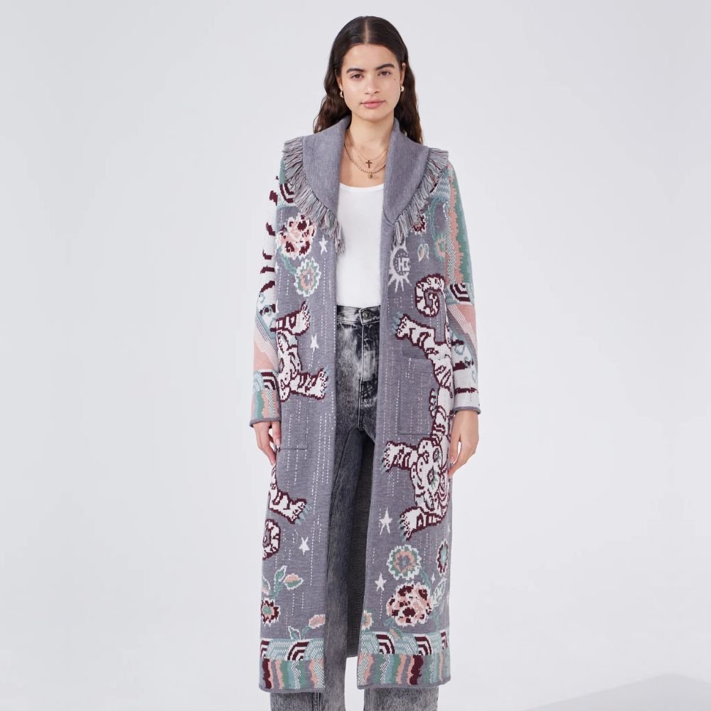 Merino Jacquard Long Cardigan Tibetan Tiger - Grey
