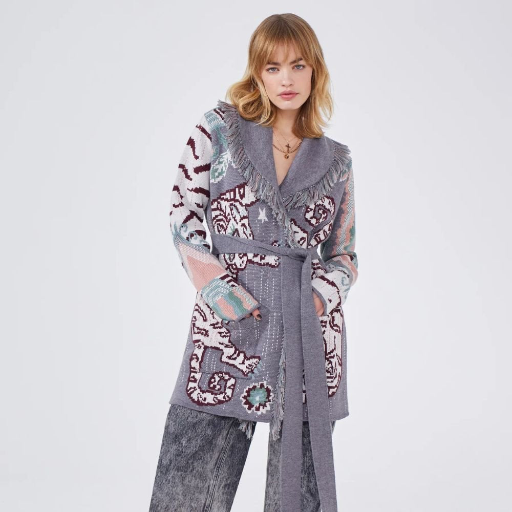Merino Jacquard Short Cardigan Tibetan Tiger - Grey