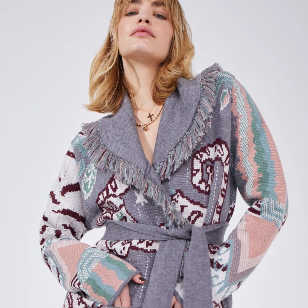 Merino Jacquard Short Cardigan Tibetan Tiger - Grey