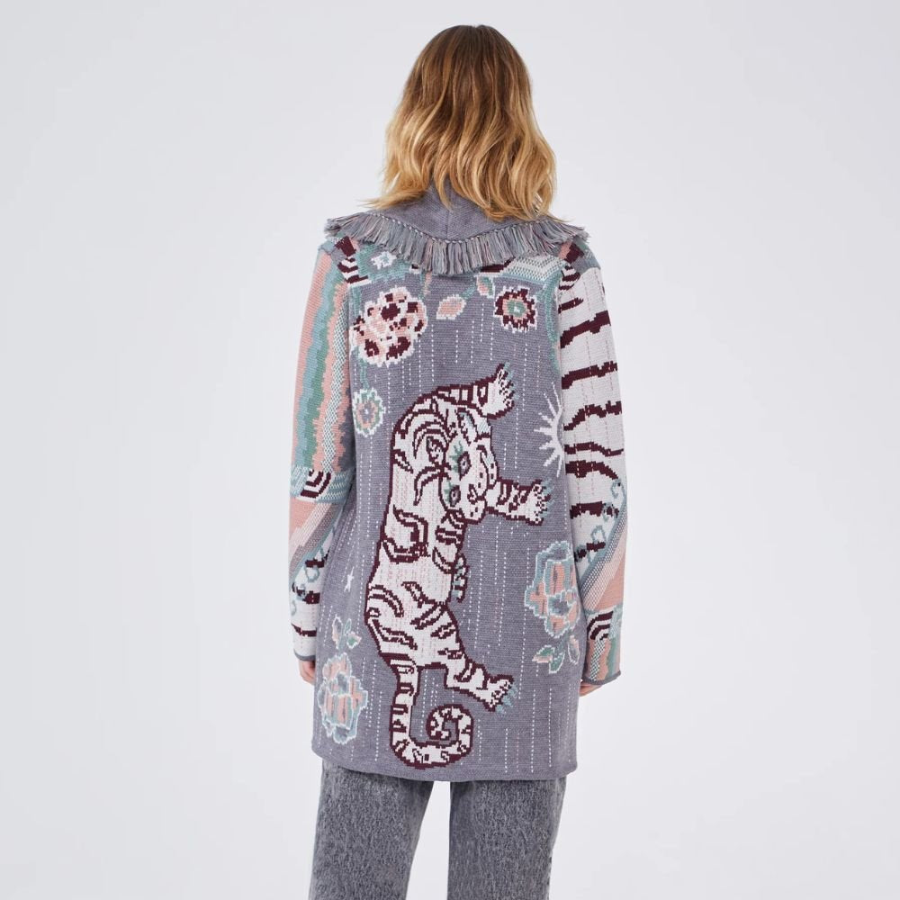 Merino Jacquard Short Cardigan Tibetan Tiger - Grey
