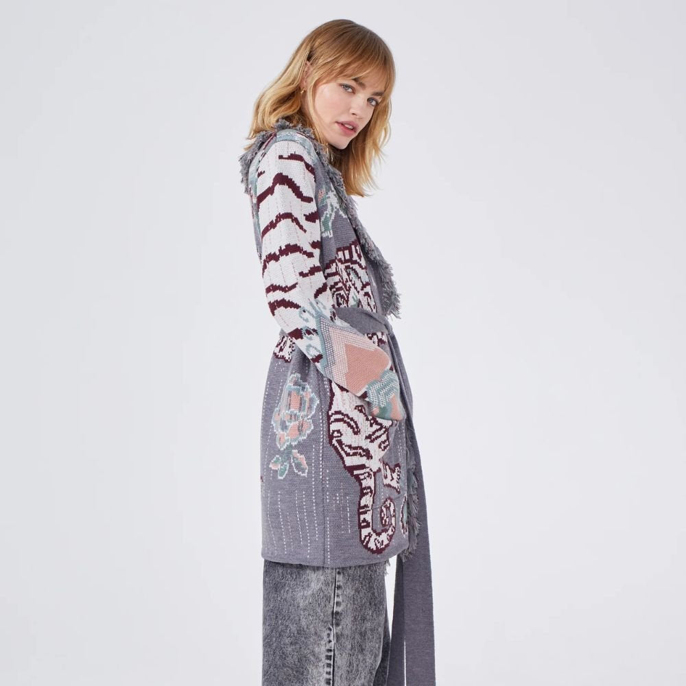 Merino Jacquard Short Cardigan Tibetan Tiger - Grey