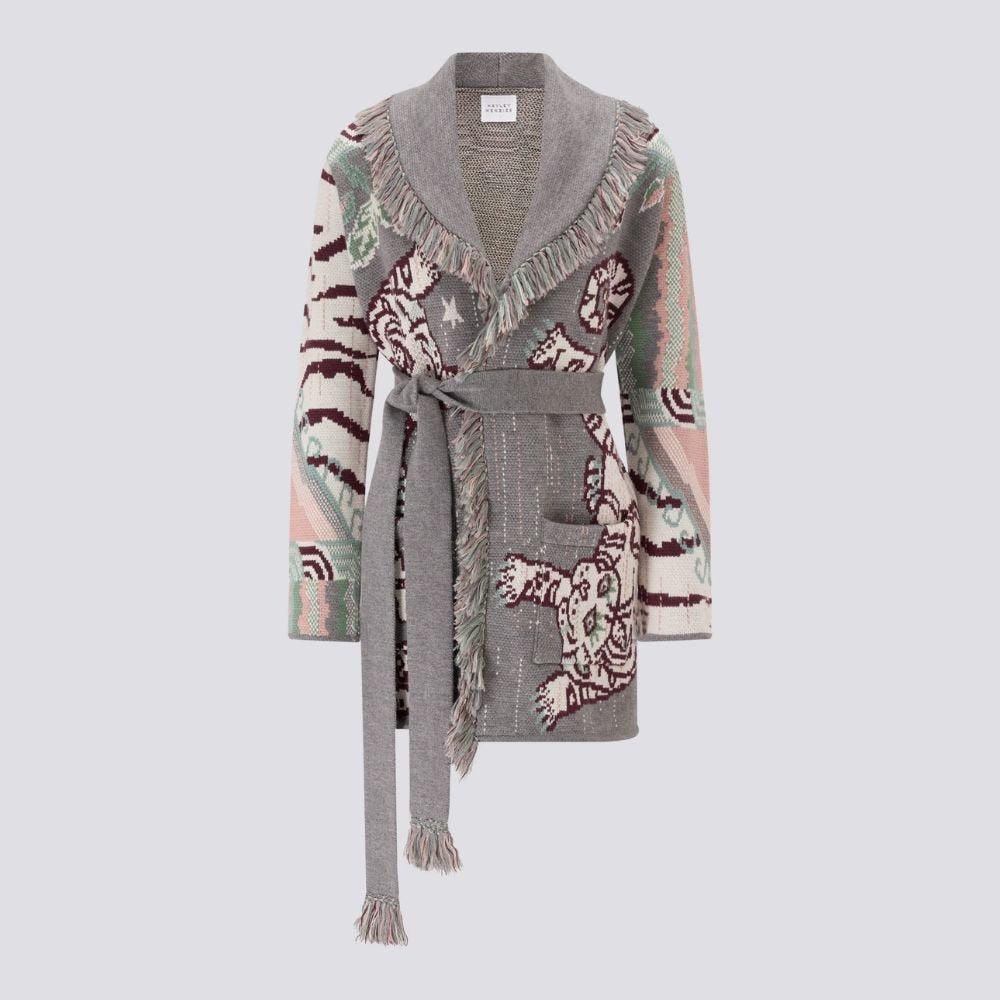 Merino Jacquard Short Cardigan Tibetan Tiger - Grey