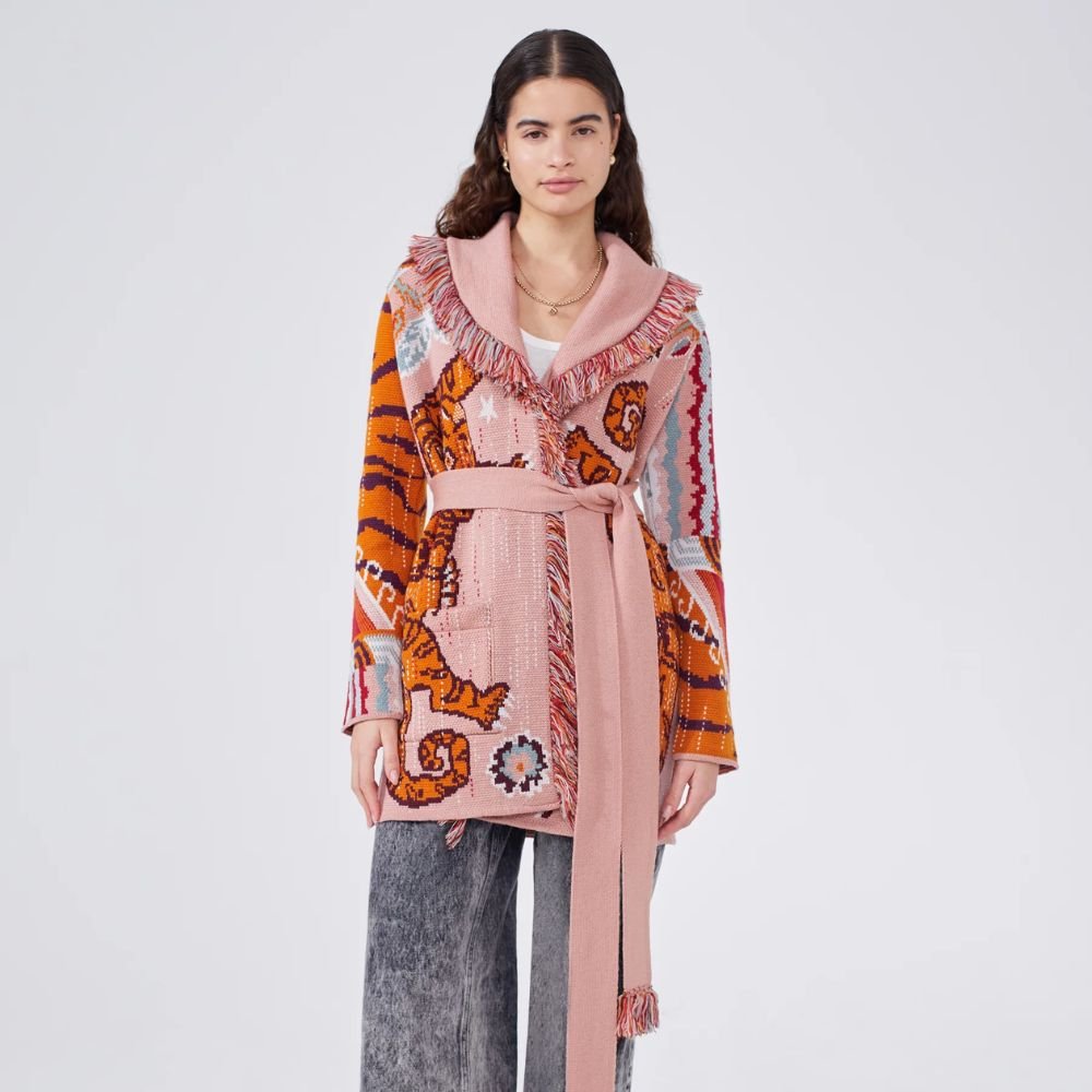 Merino Jacquard Short Cardigan Tibetan Tiger - Pink