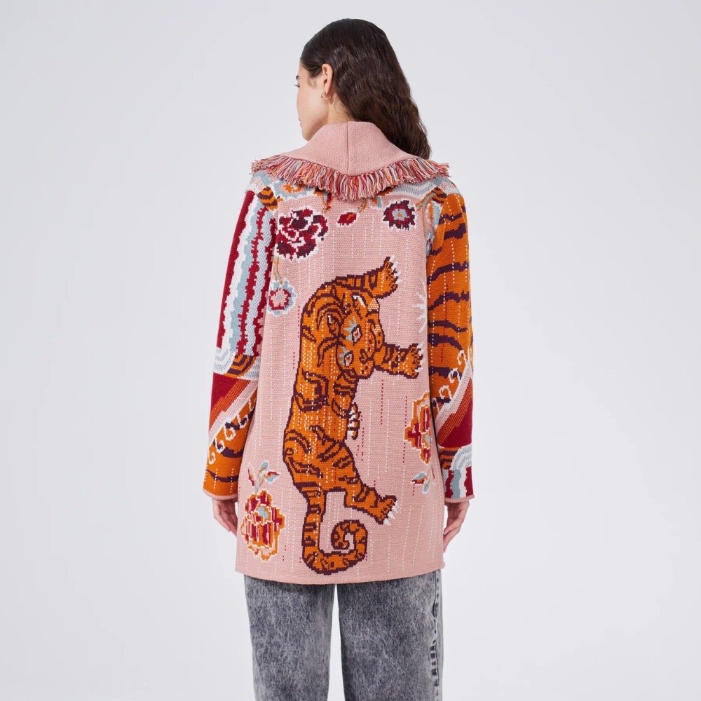 Merino Jacquard Short Cardigan Tibetan Tiger - Pink