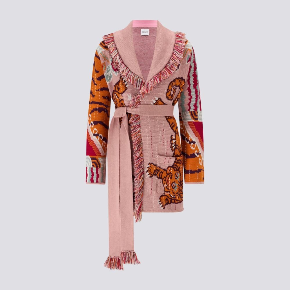 Merino Jacquard Short Cardigan Tibetan Tiger - Pink