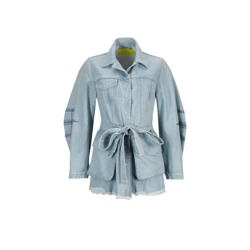Denim Round Sleeve Multi Pocket Jacket - Mid Blue