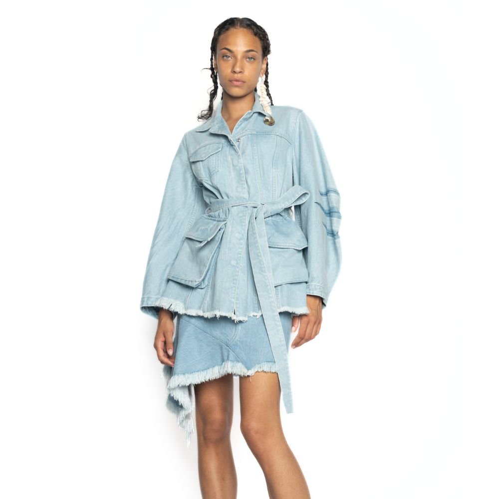 Denim Round Sleeve Multi Pocket Jacket - Mid Blue