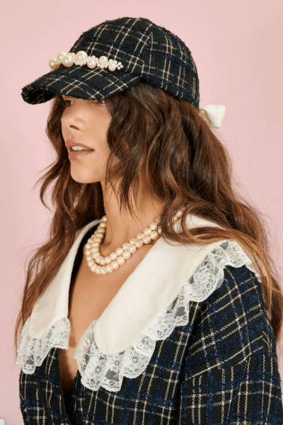 Sister Jane accessories: tweed cap hat with pearls.