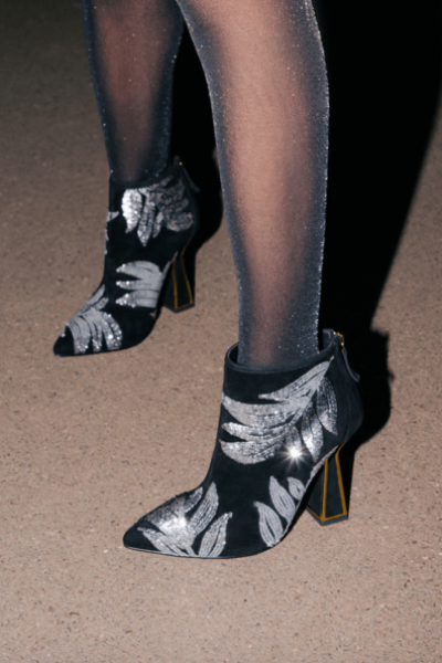 Kat Maconie black Lucie boots with silver sequin leaf detail and gold-coloured metal heel detail.