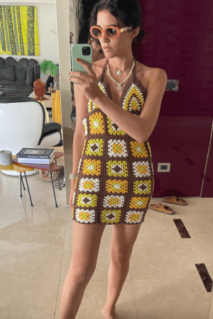 Jessica K Saskia crochet Knit Brown and yellow Dress.